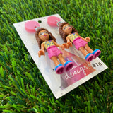 Studious Stacey Brick Character Dangle Earrings - Featuring Pink Tops!