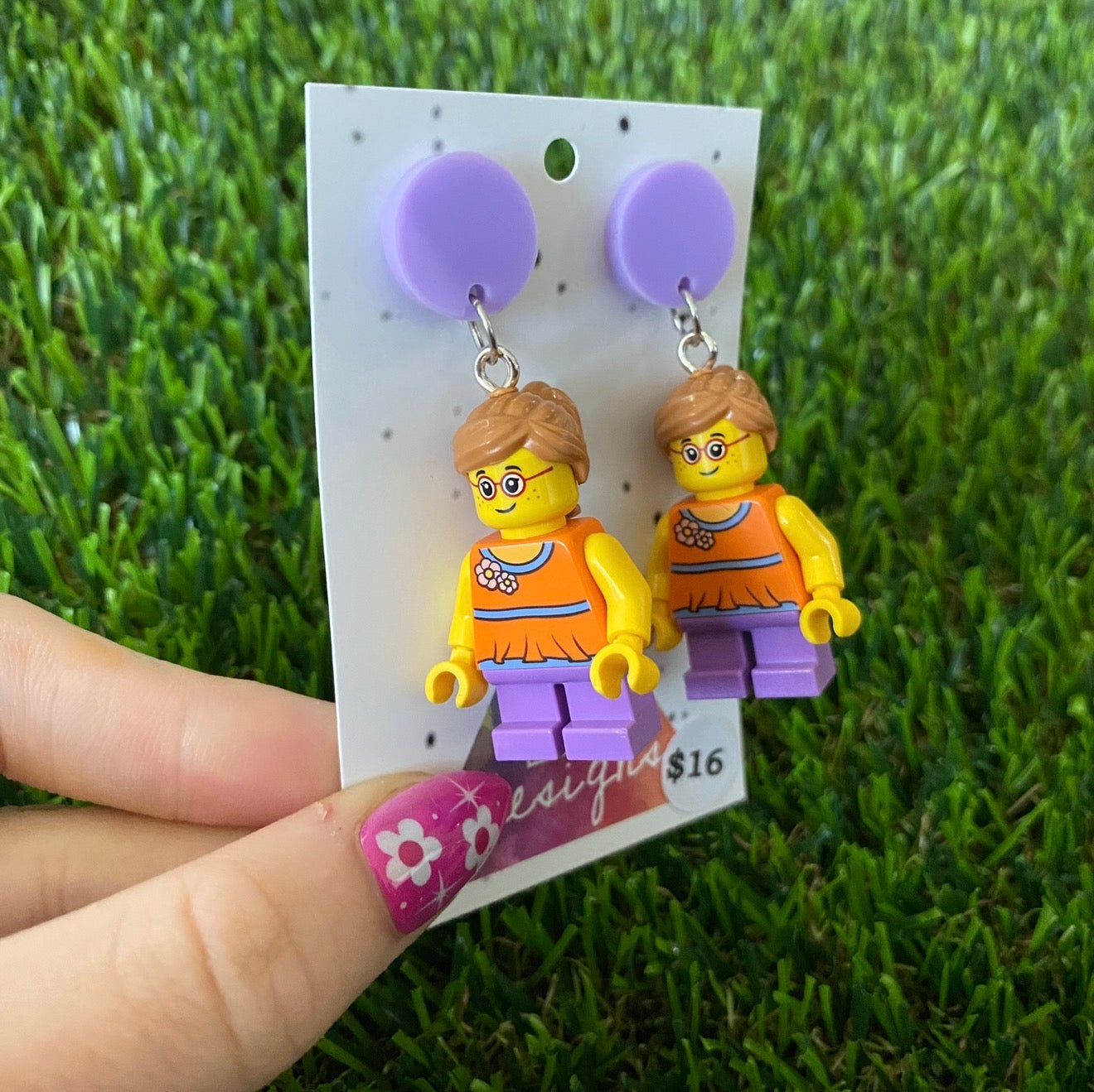 Young Girl Brick Character With Glasses - Featuring Purple Acrylic Tops!