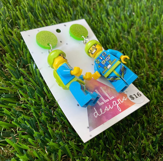 Skydiver Brick Character - Featuring Green Glitter Acrylic Tops!