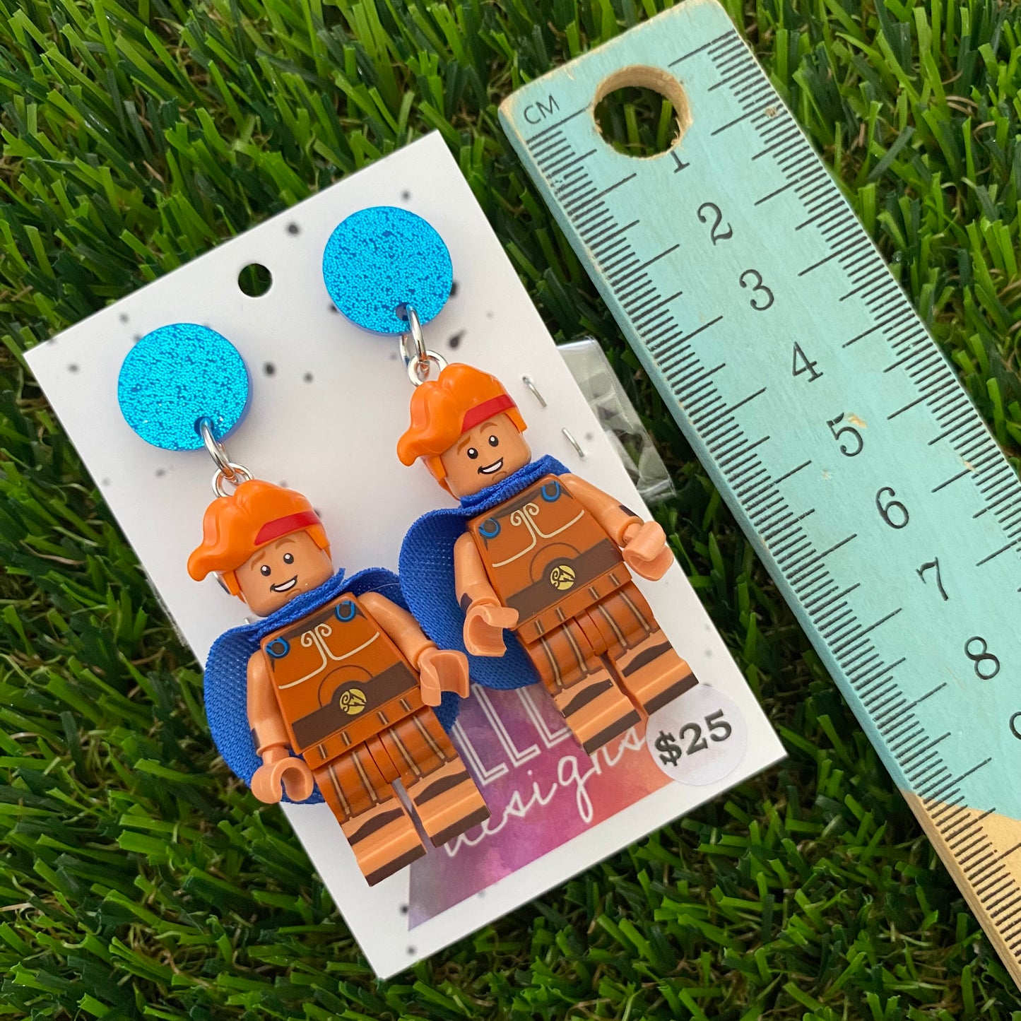 Strong Caped Hero Brick Character Dangle Earrings and Accessories - Featuring Blue Glitter Tops!