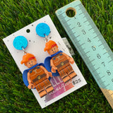 Strong Caped Hero Brick Character Dangle Earrings and Accessories - Featuring Blue Glitter Tops!