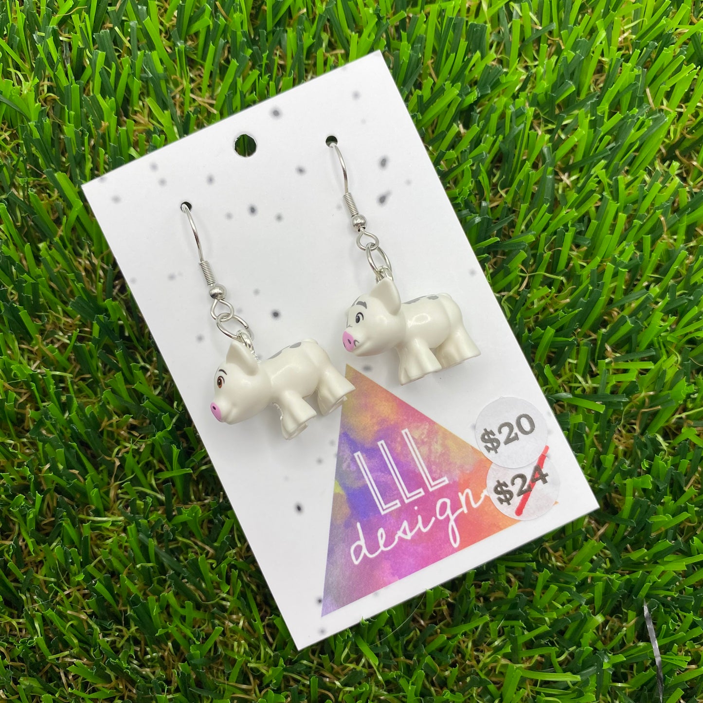 White Pig Brick Animal Hook Earrings - Lightweight!
