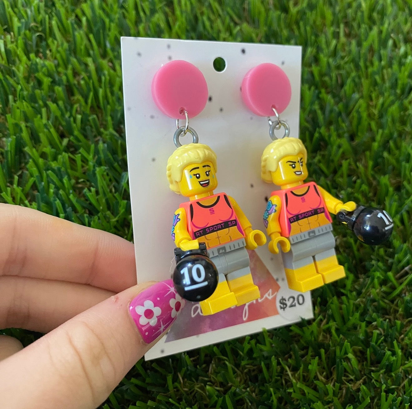 Gym Girl Brick Character With Dumbbells - Featuring Pink Acrylic Tops!