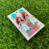 Brunette Groupie Girl Brick Character Dangle Earrings - Featuring Teal Tops!