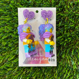 Battle Ready Lizzy Brick Character With Magical Hair and Super Cute Face Details Dangle Earrings - Featuring Purple Glitter Heart Shaped Tops!