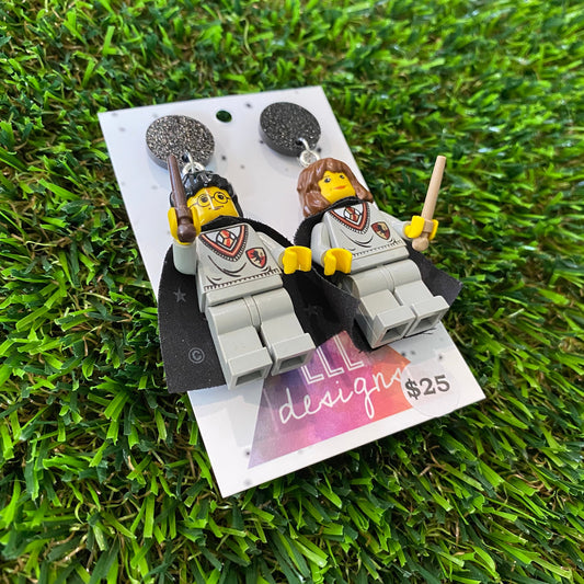 Caped Wizard and Witch Duo Brick Characters with Wands Dangle Earrings - Featuring Black Glitter Tops!