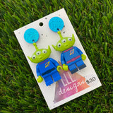Brick Character Three Eyed Alien Dangle Earrings - Featuring Blue Glitter Tops!