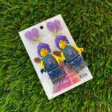 Purple Warrior Girl with Quiver Brick Character Dangle Earrings - Featuring Purple Glitter Heart Shaped Tops!