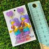 Battle Ready Lizzy Brick Character With Magical Hair and Super Cute Face Details Dangle Earrings - Featuring Purple Glitter Heart Shaped Tops!