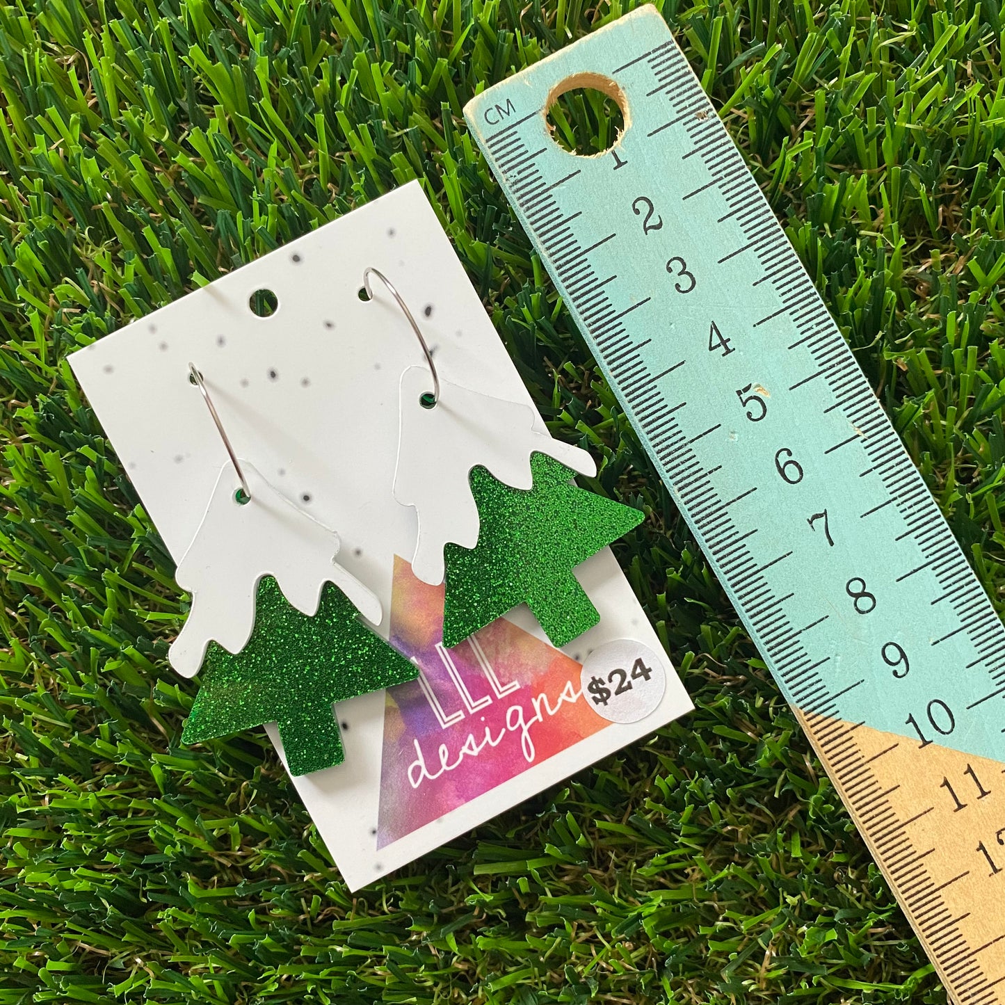 Snow-Capped Glittery Green Acrylic Christmas Tree Hoop Earrings.