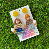 Wizard and Witch Duo Brick Characters with Butter Beer and Wands Dangle Earrings - Featuring Yellow Glitter Tops!