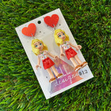 Blonde Cherry Picnic Girl Brick Character Dangle Earrings - Featuring Red Glitter Heart Tops!