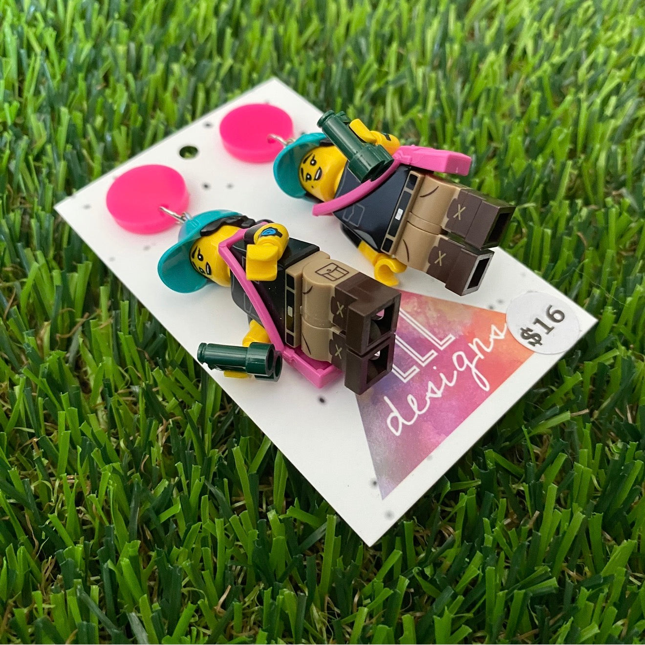 Hiking Explorer Brick Character With Binoculars - Featuring Pink Acrylic Tops!