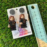 Uniformed Wizard Witch Girl Brick Character with Wand Accessories and Pet Cats Dangle Earrings - Featuring a Black Glitter Top!