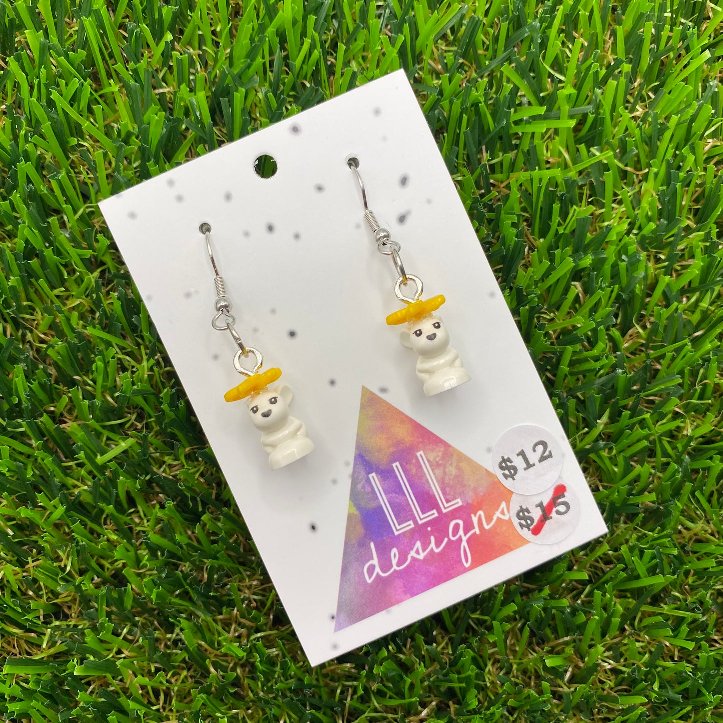 Small Bunny Brick Animal Hook Earrings - Featuring Yellow Bow - Super Lightweight!