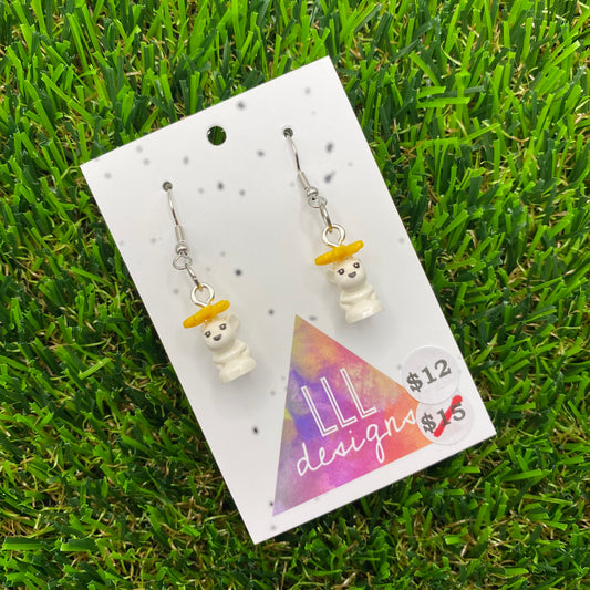 Small Bunny Brick Animal Hook Earrings - Featuring Yellow Bow - Super Lightweight!