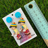 Growing Nose Puppet Boy Brick Character Dangle Earrings - Featuring Blue Glitter Tops!