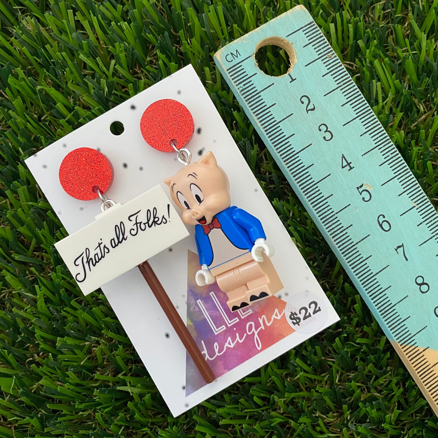 Brick Character Pig in Suit with Sign Dangle Earrings - Featuring Red Glitter Tops!