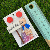 Brick Character Pig in Suit with Sign Dangle Earrings - Featuring Red Glitter Tops!