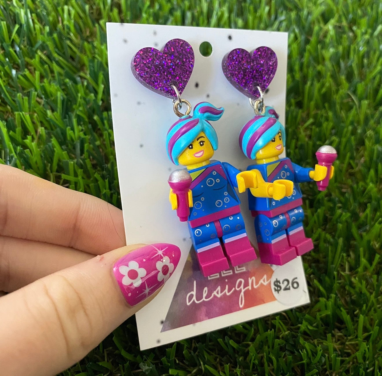Blue and Purple Popstar Brick Character With Mic - Featuring Purple Glitter Acrylic Tops!