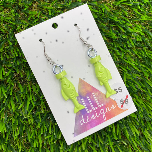 Fish Brick Hook Earrings - Lime Green - Super Lightweight!
