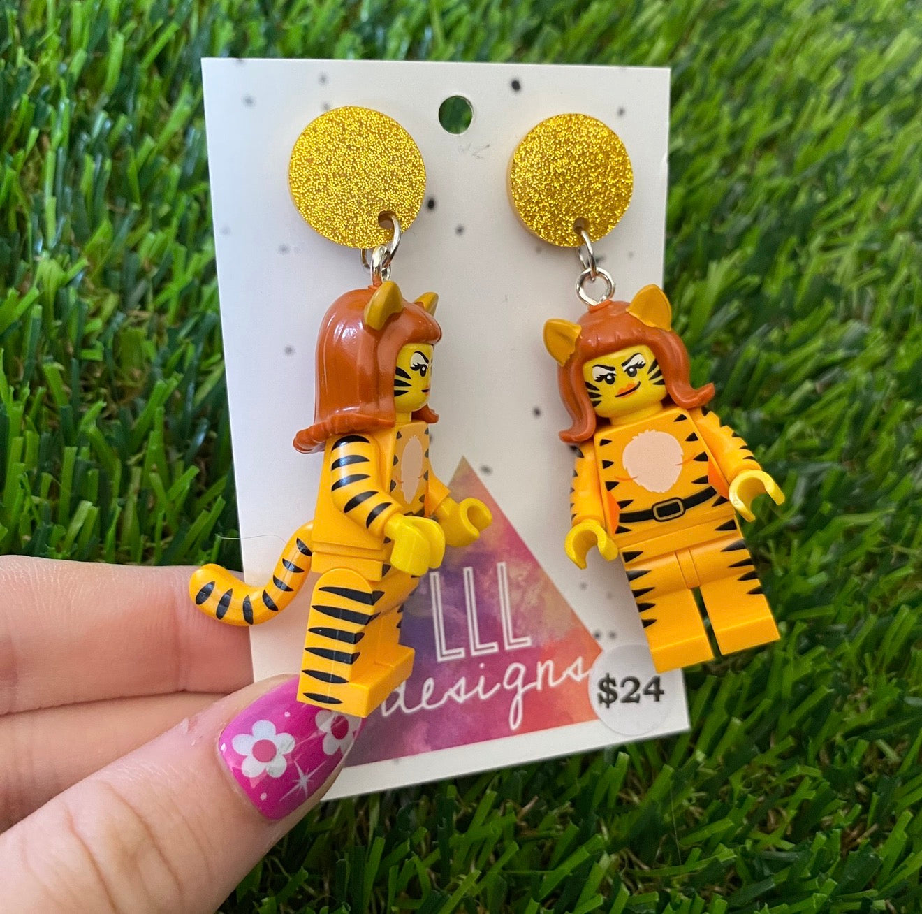 Tiger Costume Lady Brick Character - Featuring Gold Glitter Acrylic Tops!