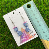 Gray Cat Brick Animal Hook Earrings - Featuring Pink Flower - Lightweight!