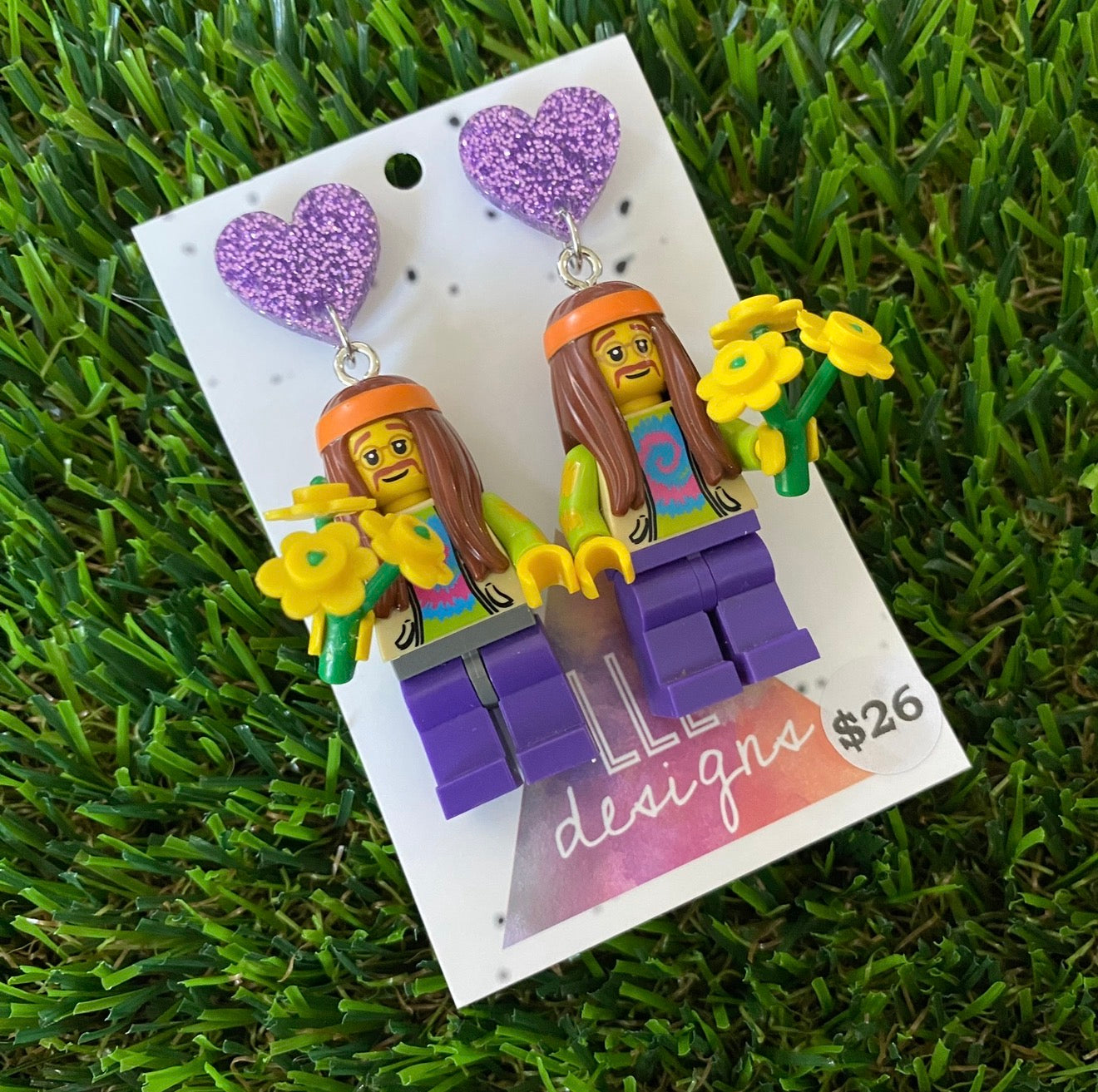 Hippie Guy Brick Character With Bouquet - Featuring Purple Glitter Acrylic Heart Tops!