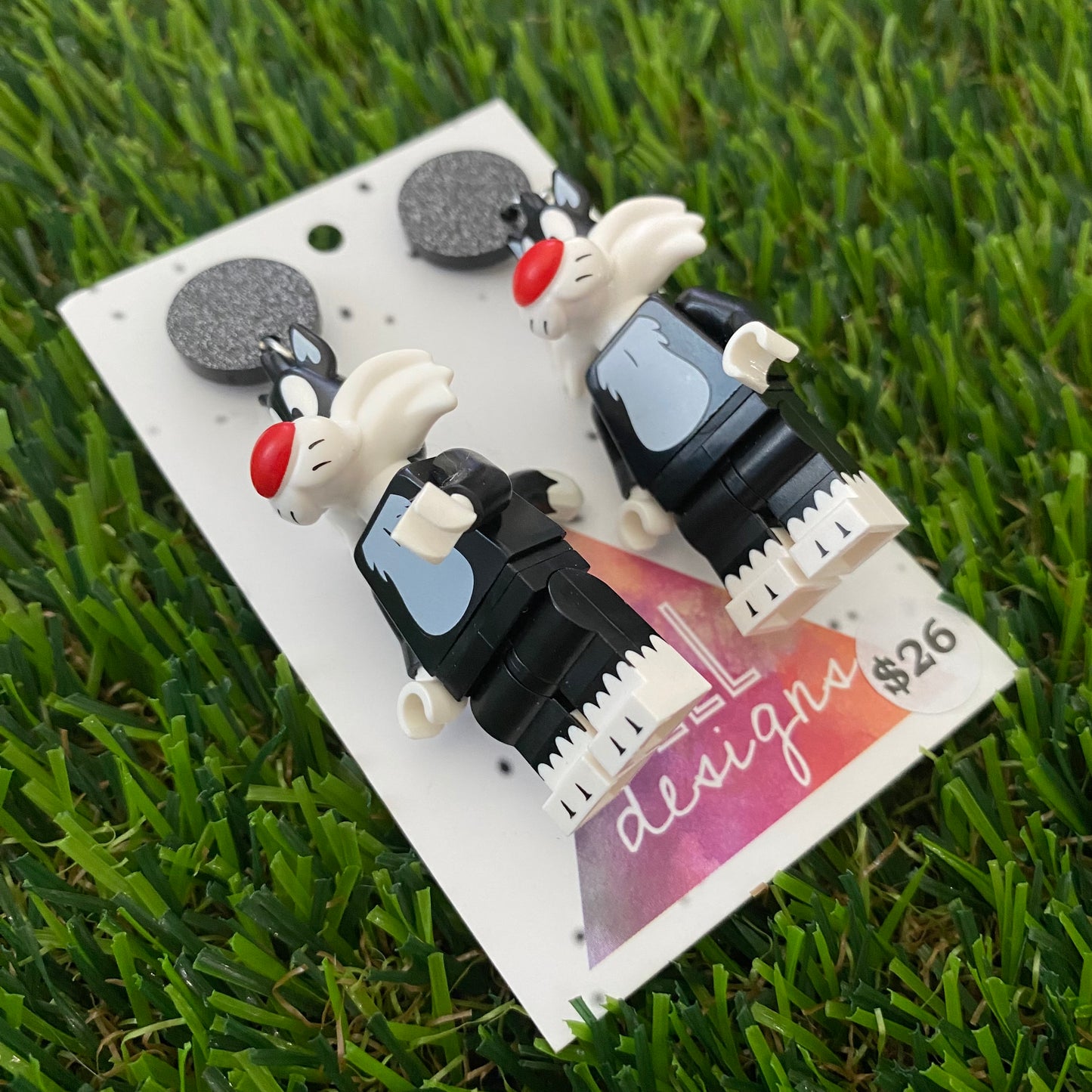 Brick Character Red Nosed Cat Dangle Earrings - Featuring Black Glitter Tops!