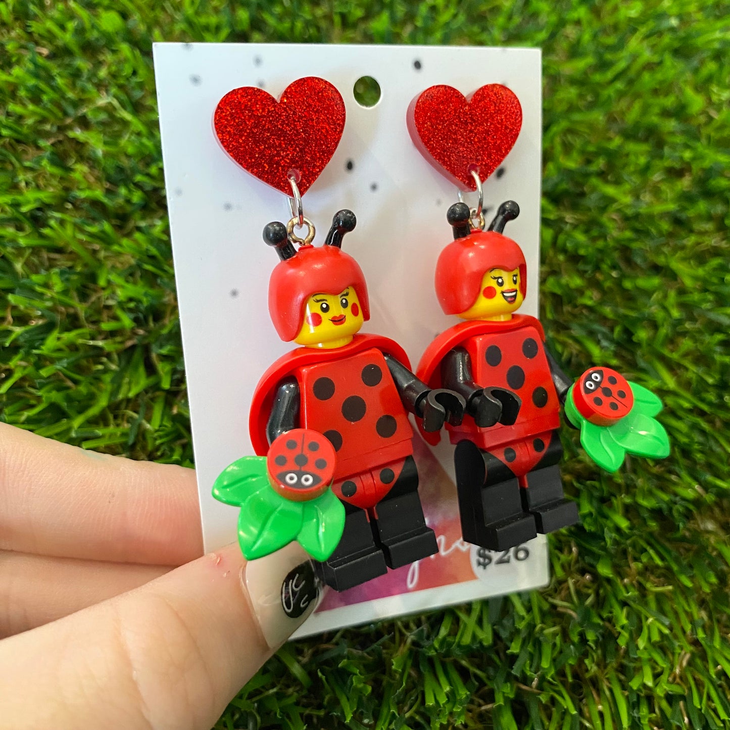 Ladybug Costumed Lady Brick Character - Featuring Red Heart Glitter Tops!