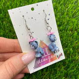 Gray Cat Brick Animal Hook Earrings - Featuring Pink Flower - Lightweight!
