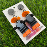 Brick Character Orange Billed Duck Dangle Earrings - Featuring Black Glitter Tops!
