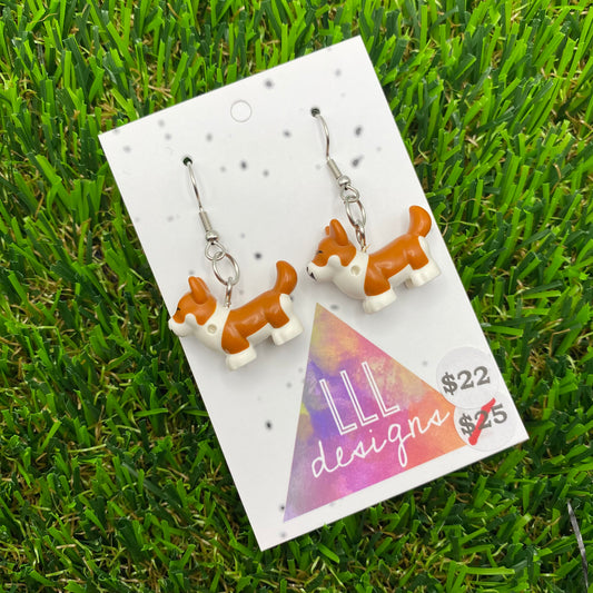 Brown And White Corgi Brick Animal Hook Earrings!