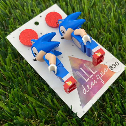 Brick Character Blue Hedgehog Dangle Earrings - Featuring Red Glitter Tops!