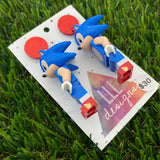 Brick Character Blue Hedgehog Dangle Earrings - Featuring Red Glitter Tops!