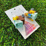 Hippie Backpacking Grandma Brick Character Dangle Earrings - Featuring Surgical Stainless Steel Silver Hoops!