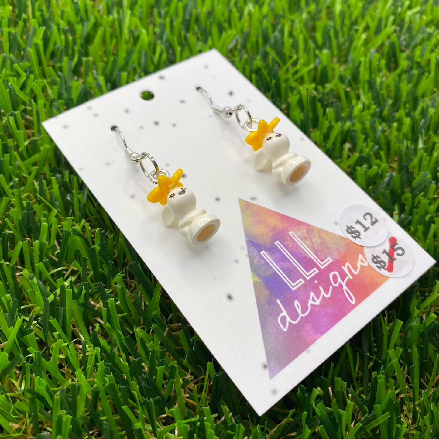 Small Bunny Brick Animal Hook Earrings - Featuring Yellow Bow - Super Lightweight!
