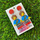 Dreamy Blue and Green Brick Character Dangle Earrings - Featuring Red Glitz Tops!