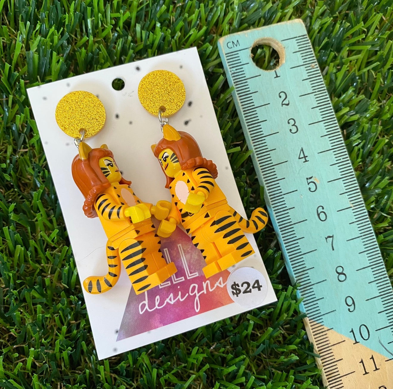 Tiger Costume Lady Brick Character - Featuring Gold Glitter Acrylic Tops!