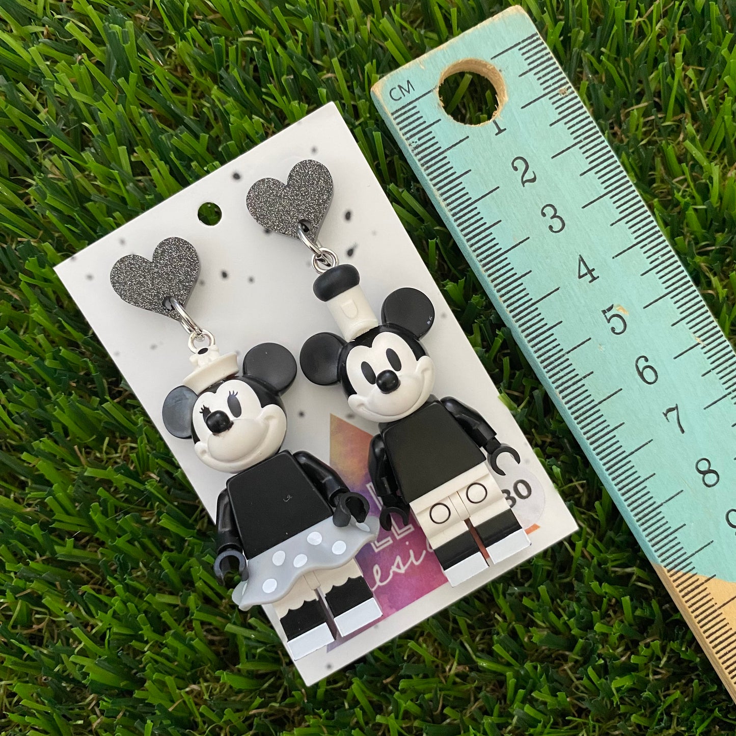 Brick Character Black and White Mouse Couple Dangle Earrings with Accessories - Featuring Black Glitter Heart Shaped Tops!