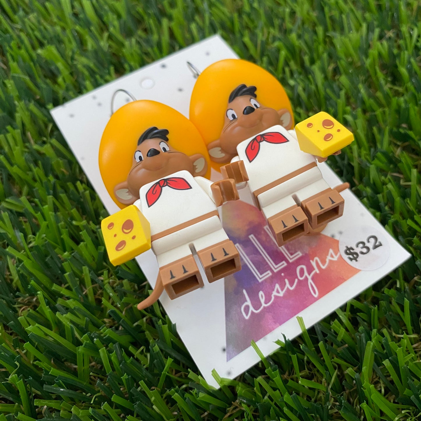 Brick Character Sombrero Mouse with Cheese Dangle Earrings - Featuring Surgical Stainless Steel Silver Hoops!