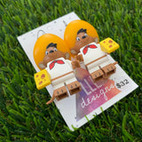 Brick Character Sombrero Mouse with Cheese Dangle Earrings - Featuring Surgical Stainless Steel Silver Hoops!