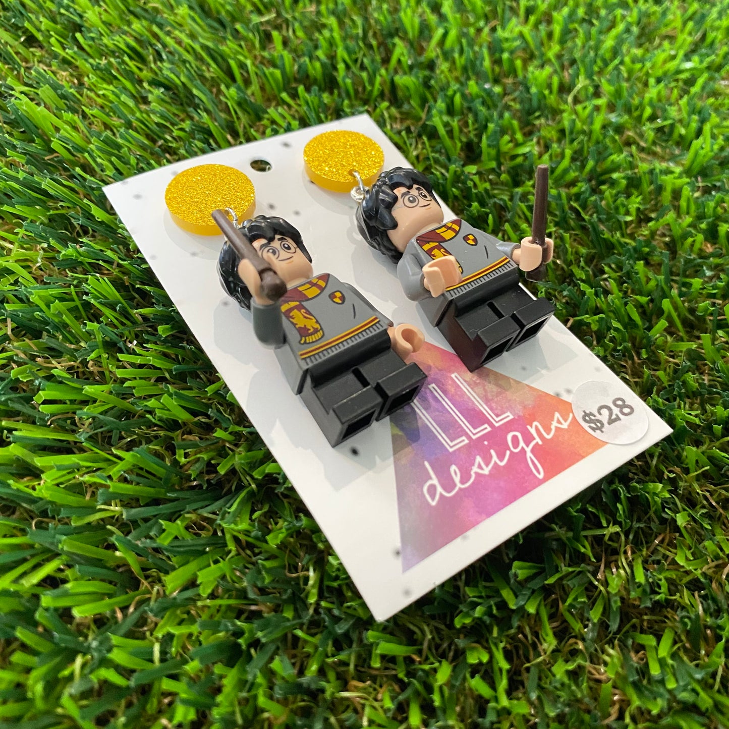 Uniformed Wizard Boy Brick Character with Wand Accessory Dangle Earrings - Featuring a Yellow Glitter Top!