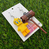 Brick Character Yellow Bird with Hammer Dangle Earrings - Featuring Surgical Stainless Steel Silver Hooks!