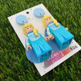 Brick Character Blonde Ice Princess Dangle Earrings - Featuring Blue Tops!