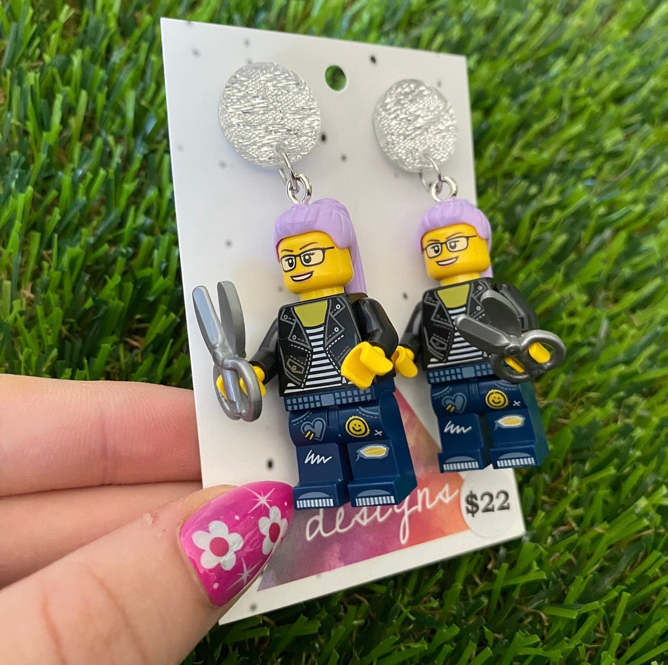 Hairdresser Lady Brick Character With Scissors - Featuring Silver Glitter Acrylic Tops!