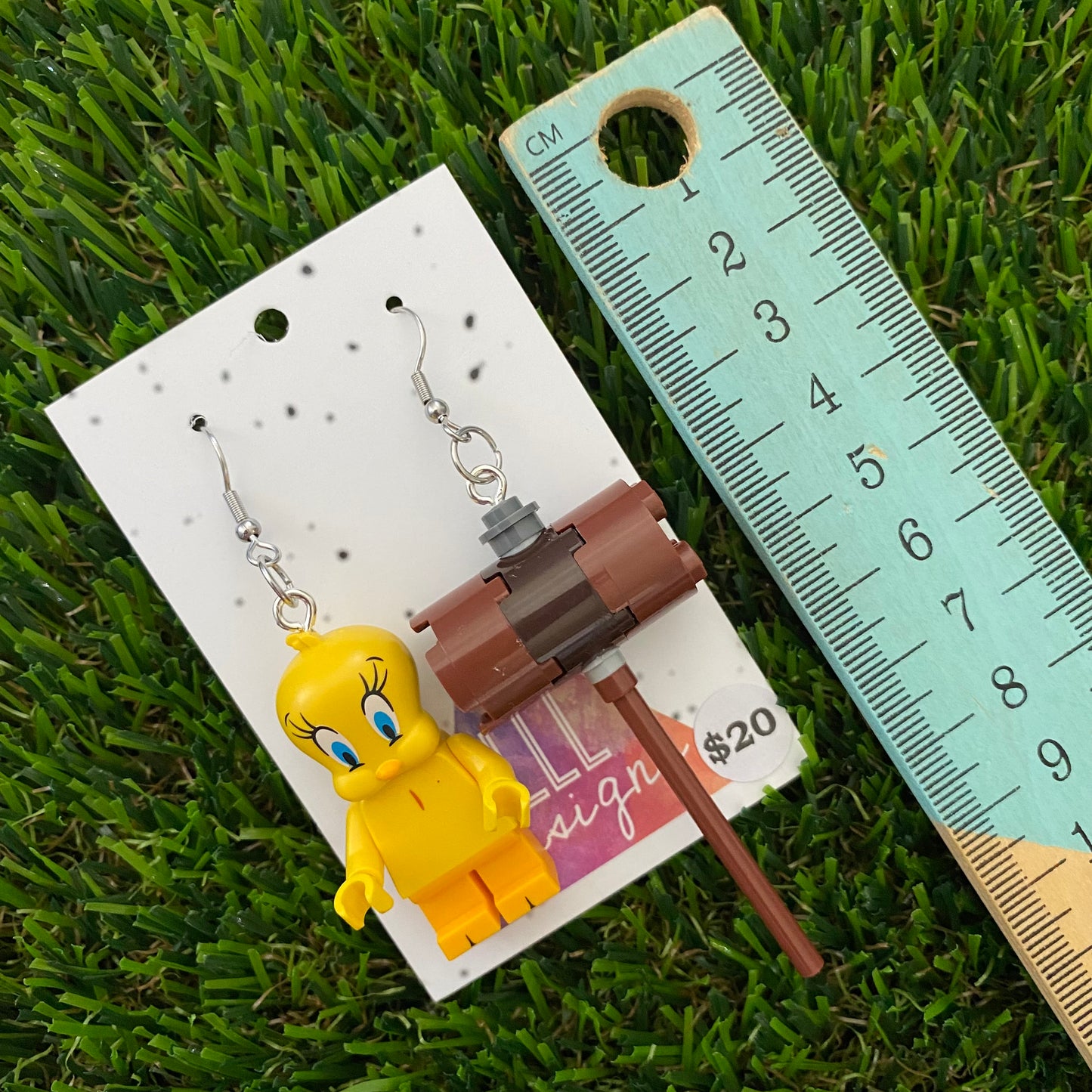Brick Character Yellow Bird with Hammer Dangle Earrings - Featuring Surgical Stainless Steel Silver Hooks!