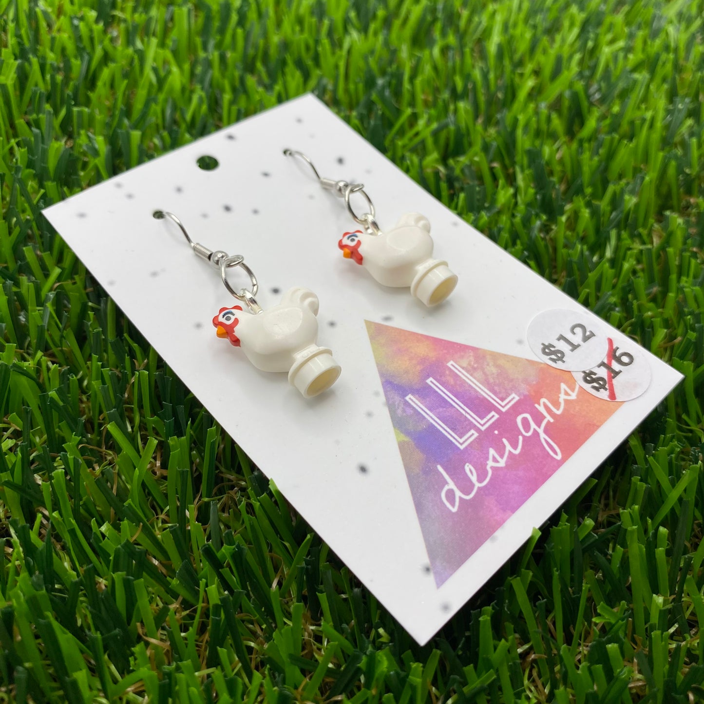 White Chicken/Hen Brick Animal Hook Earrings - Super Lightweight!