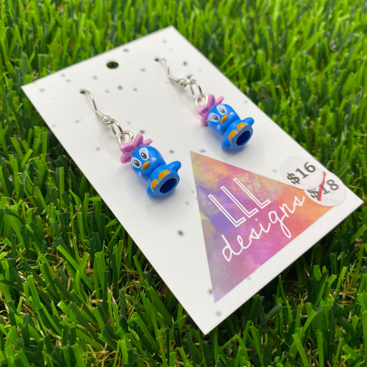 Small Blue Cartoon Bird Brick Animal Hook Earrings - Featuring Pink Flower - Super Lightweight!