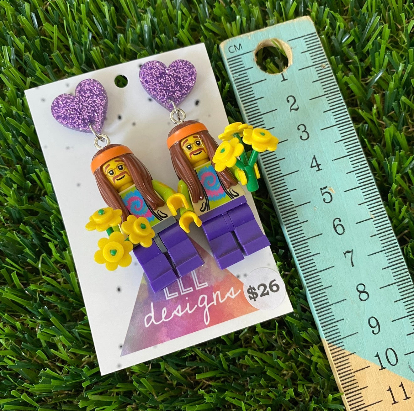 Hippie Guy Brick Character With Bouquet - Featuring Purple Glitter Acrylic Heart Tops!